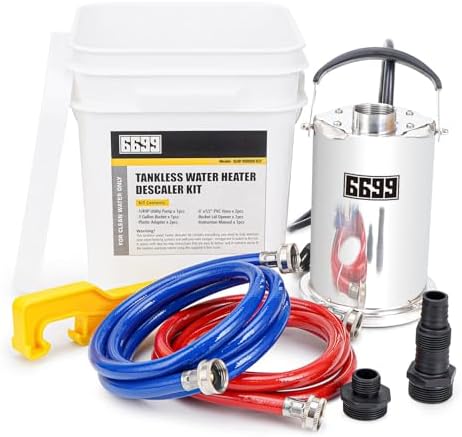 Tankless Water Heater Flushing Kit Includes 1/4HP Stainless Steel Sump Pump with Two Adapters & 3 Gallons Pail with Bucket Lid Opener & Two 1/2” Dia X 6’ Hoses with Washers by Volcanorproducts