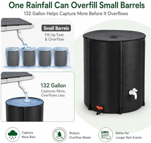 132 Gallon Collapsible Rain Barrel, Portable Rainwater Collection System, Water Storage Tank, Rain Catcher Barrel with Two Spigots and Overflow Kit, Rain Water Barrel Collector for Garden, Black - Image 4