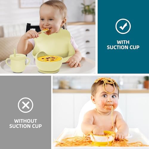 100% Silicone baby feeding set,BPA free Baby dishes set with Suction Bowl Divided Plate,Toddler Self Feeding Dish Set with Spoons Forks Sippy Cup And Bib, Baby Eating Utensils (Yellow) - Image 5
