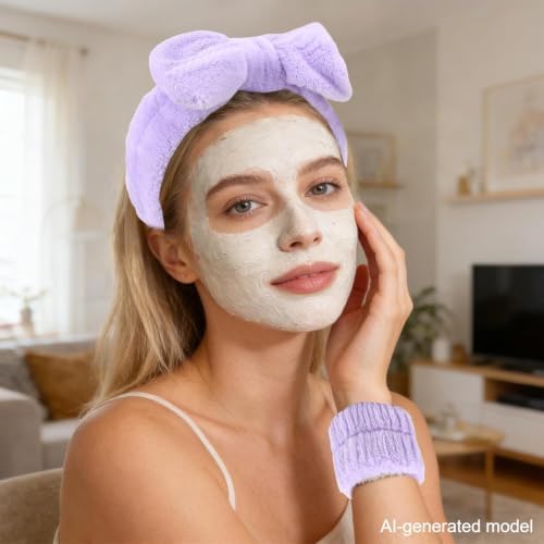 Purple Skincare Bubble headband and wristband set for Face Washing - Image 4
