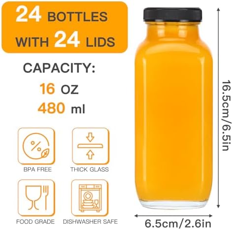 CUCUMI 24pcs 16oz Glass Juice Bottles with Lids - Image 2