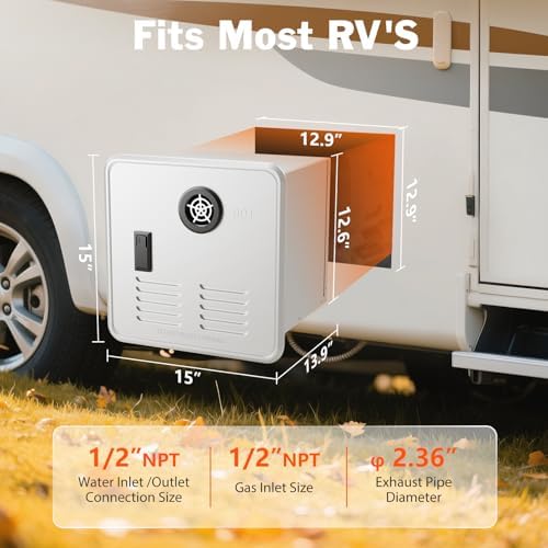 RV Tankless Water Heater with Front Shower Set, 65,000 BTU, 3.9 GPM, 2.80kPa, 12V Instant Endless Hot Water, Remote Control, Front Outlet for All RVs, 15 x 15 inches White Door - Image 2