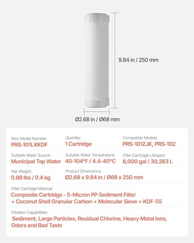 VEVOR RV Water Filter Replacement Cartridge, 5-Micron 1 Pack Premium RV Water Filtration Replacement Cartridge for 2.5" x 10" Filter Housing, Reduces Sediment, Particles, Chlorine, Heavy Metals, Odors - Image 7