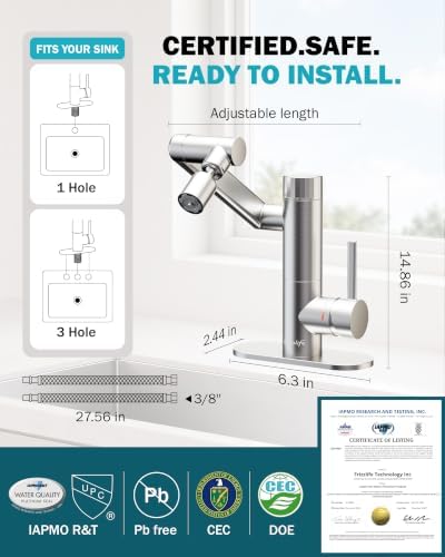 Frizzlife MF1080-S Bathroom Sink Faucet and Kitchen Sink Faucet, Built-in Carbon Block Filter, NSF/ANSI 372 Certified, 1080° Rotatable, Single Hole Single Handle, Stream/Spray, 304 Stainless Steel - Image 6
