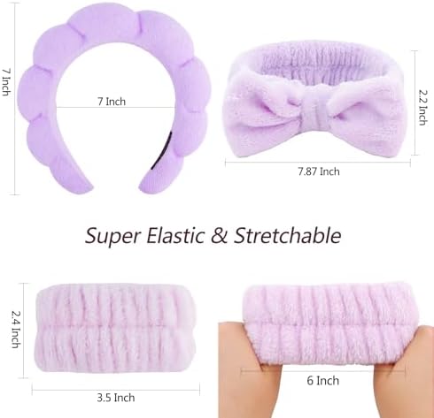 VELSCRUN 6 Pack Spa Headband, Makeup Headband, Face Wash Headbands, Skincare Headbands, Purple Sponge Hair Band Bow Tie Spa Head Band for Washing Face Wristband Set Hair Accessories for Women Gifts - Image 6