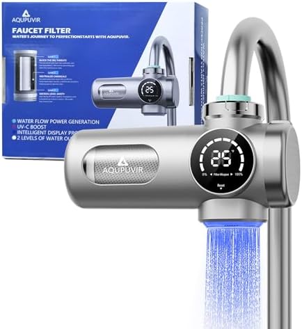 Faucet Water Filter, 3-Stage Filter with UV-C & Self-Powered Display, Dual Modes for Tap/Filtered Water, Safe for Food & Skin Fits 22/24/28mm and Circular Tap by AQUPUVIR