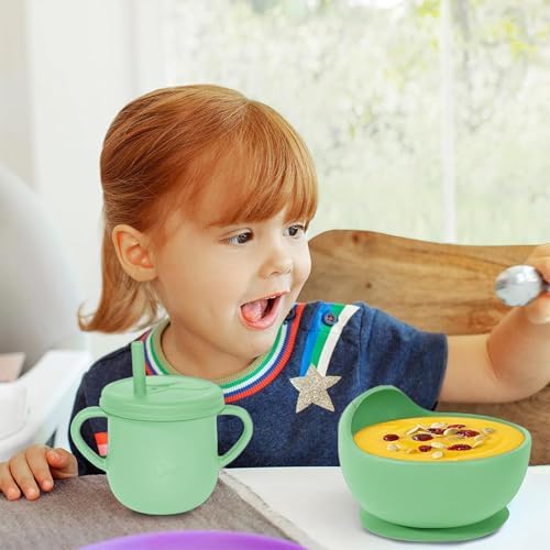 100% Silicone baby feeding set,BPA free Baby dishes set with Suction Bowl Divided Plate,Toddler Self Feeding Dish Set with Spoons Forks Sippy Cup And Bib, Baby Eating Utensils (Neon Green) - Image 7