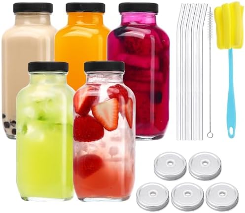 CUCUMI 5pcs 16oz Glass Juice Bottles with Lids by CUCUMI