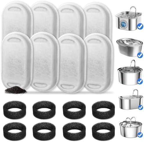 Cat Water Fountain Filters, 8 Pack Cat Fountain Filter Replacement with 8 Sponges for 3.2L/108oz Pet Water Fountain Stainless Steel by TheBestPetConsultant