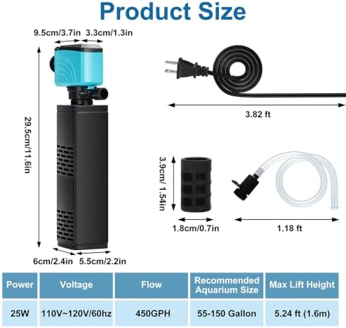 DaToo Aquarium Filter 55-150 Gallon Fish Tank Filter 450GPH Powerful Pump For Aquariums Adjustable Air Flow Submersible Internal Aquarium Filters For Pond Wavemaker Air Supply Freshwater And Saltwater - Image 2