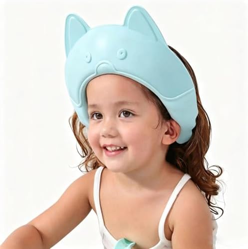 Shower Cap for Kids, Baby Shower Cap bath wash Shampoo rinser shield Hat Adjustable head hair Visor Protection Toddler and Children,Prevent water from entering eyes and ears (Blue fox) by AMTOOCH