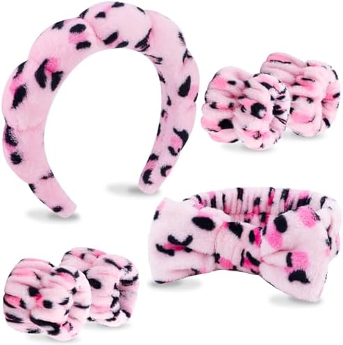 VELSCRUN 6 Pack Spa Headband, Makeup Headband, Face Wash Headbands, Skincare Headbands, Pink Leopard Sponge Hair Band Bow Tie Spa Head Band for Washing Face Wristband Set Hair Accessories for Women by VELSCRUN