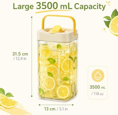 118oz Drink Dispenser for Fridge,Portable Water Pitcher for Fridge with Spigot,Sealed Plastic Drink Dispenser with Measurement Marks&Handle,Iced Tea Pitcher for Iced Tea,Juice,Daily Use,1 Pack - Image 3