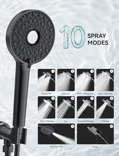 Magichome Shower Head with Handheld, High Pressure 10-Spray Detachable Chrome Showerhead with Stainless Steel Hose, Black - Image 2