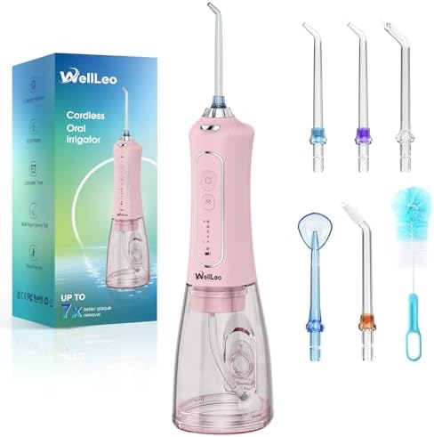 WellLeo Water Flossers for Teeth, 300ML Cordless Oral Irrigator Rechargeable Dental Flosser Picks with 5 Modes 5 Jet Tips,IPX7 Waterproof Teeth Cleaner for Braces Gum Care, Home Travel Use by Wellleo