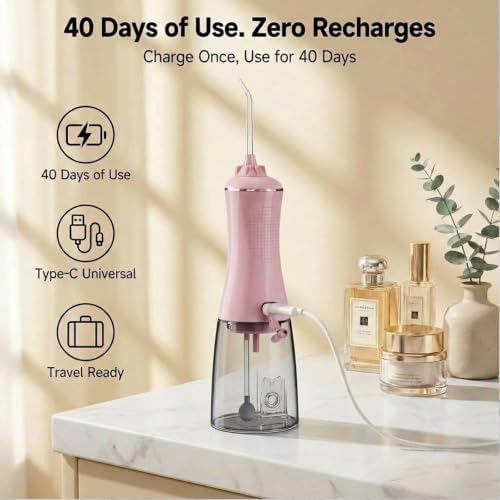 MOCEL Water Dental Flosser for Teeth - 350ML Large Tank 5 Modes & 6 Tips Cordless, Oral Irrigator Waterproof, Portable Teeth Cleaning and Flossing with Effective Plaque Remover for Adults (Pink) - Image 5