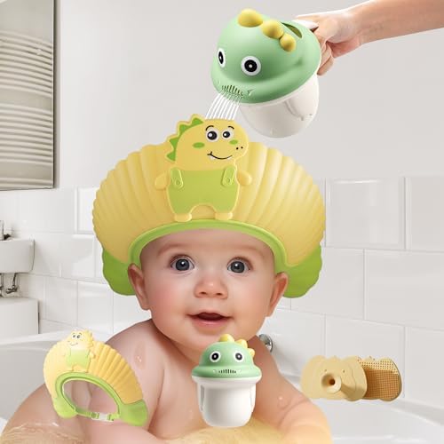 Baby Shower Cap Shield, Bath set shower cap/water cup/massage brush for Eye and Ear Protection, Cute Dinosaur Shape for 0-9 Years Old Children (Yellow) by Unknown