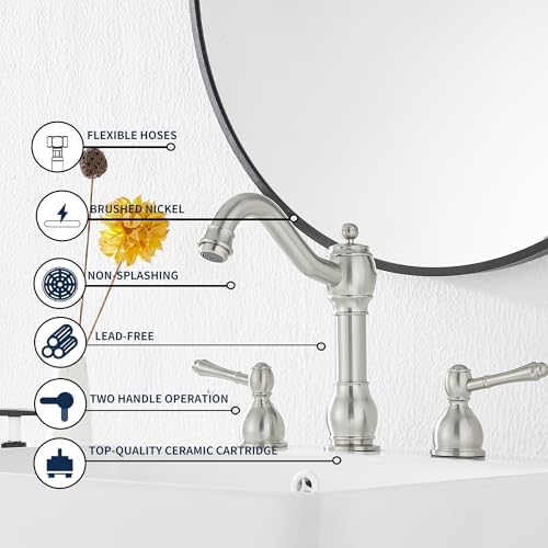 2 Handles 3 Holes Faucet Widespread Bathroom Sink Faucet Basin Tap Mixer Supply Hose Included Matching Pop Up Drain Brushed Nickel - Image 5