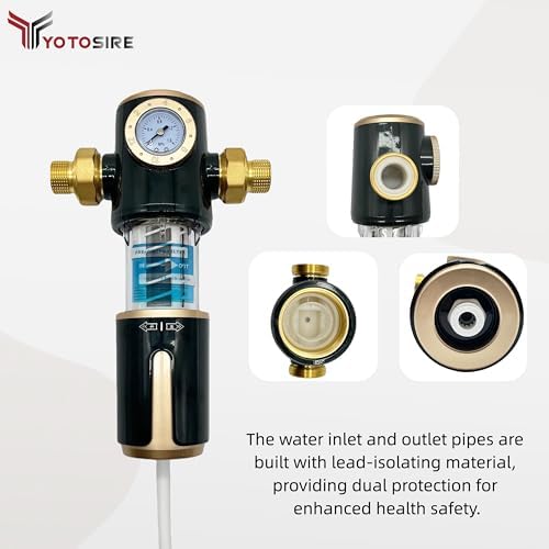 High Flow 40 Micron Spin Down Sediment Filter with Pressure Gauge, 3/4 Inch Brass NPT & PPR 20-25 Adapters, Rotatable Self-Cleaning Flush Scraper with Timer Mark, Includes 60cm Outlet Hose - Image 3