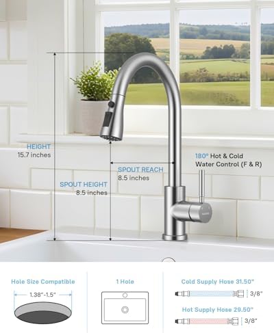 WEWE Kitchen Faucet with Soap Dispenser Set, Pull-Down, Brushed Nickel - Image 3