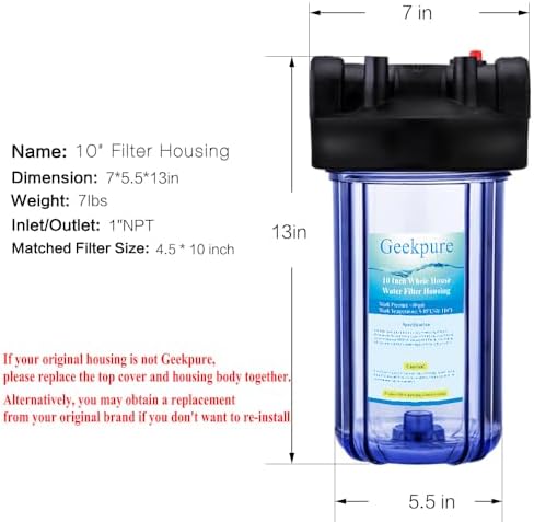 Geekpure Whole House Big Water Filter Housing, 4.5"x10",1" NPT Plastic Port - Image 2