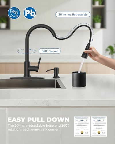 WEWE Kitchen Faucet with Soap Dispenser, Pull-Down Sprayer, Matte Black - Image 3