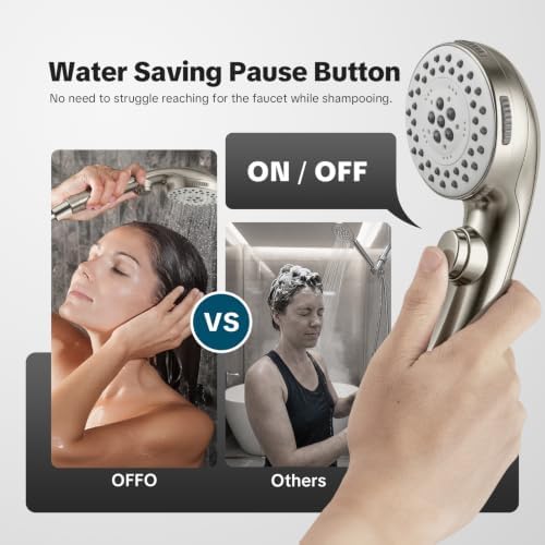 OFFO Shower Head with Handheld, 5 Mode Handheld Shower Head with On Off Switch for Water Saving, High Flow Powerful Boosting Showerheads with 60" Stainless Steel Hose & Holder, Brushed Nickel - Image 3