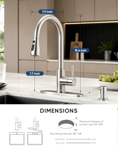 Kitchen Faucet with Pull Down Sprayer and Soap Dispenser, Brushed Nickel 304 Stainless Steel Single Handle with 3 Spray Modes, 18-Inch Hose, 10-Inch Deck Plate - Image 5