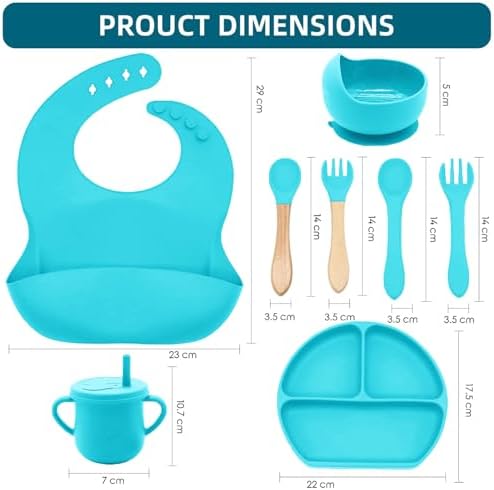 100% Silicone baby feeding set,BPA free Baby dishes set with Suction Bowl Divided Plate,Toddler Self Feeding Dish Set with Spoons Forks Sippy Cup And Bib, Baby Eating Utensils (Cyan Blue) - Image 3
