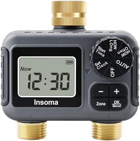 Insoma Water Timer 2 Zone, Programmable Irrigation Sprinkler Timer for Garden Hose, Outdoor Hose Faucet Timers with Rain Delay/Manual/Auto Modes, IPX5 Waterproof for Drip System & Lawn by Insoma