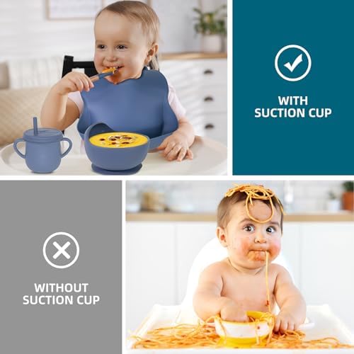 100% Silicone Baby Feeding Set, BPA Free Baby Dishes with Suction Bowl, Divided Plate, Toddler Self Feeding Dish Set with Spoons, Forks, Sippy Cup and Bib, Baby Eating Utensils (Navy Blue) - Image 4