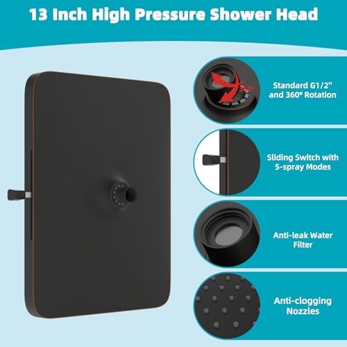 Hibbent cUPC Certified 5 Spray Modes Shower Head, 13'' High Pressure Large Rainfall Shower Head, High Flow Waterfall Bathroom Fixed Showerheads, Adjustable Swivel Ball Joint, Oil Rubbed Bronze - Image 5