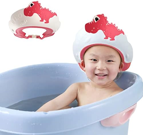 Baby Shower Cap Shield, Shower Cap for Kids, Visor Hat for Eye and Ear Protection for 0-9 Years Old Children,Cute Dinosaur/Crocodile/Hippo shape Makes the Baby Bath More Fun (Dinosaur, Red) - Image 2