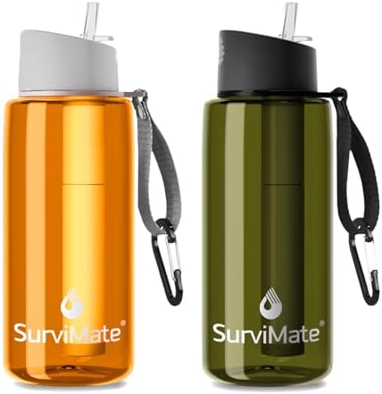 SurviMate Purified Water Bottle for Camping, Hiking, Backpacking and Travel, BPA Free with 5-Stage Intergrated Filter Straw by SurviMate