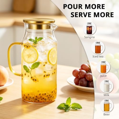 Bivvclaz 1.2 Liter 40 oz Small Gold Glass Pitcher with Lid and Handle, Glass Carafe for Hot/Cold Water, Iced Tea Jug for Coffee, Juice and Homemade Beverage - Image 7