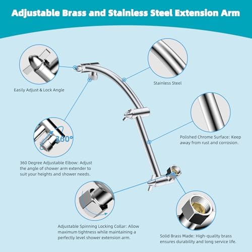 Hibbent Rain Shower Head, 13'' High Pressure Rainfall Square 5 Spray Mode Showerhead with 16" Shower Head Extension Arm, Solid Brass Adjustable Shower Arm Extender, Waterfall fixed Showerheads, Silver - Image 5