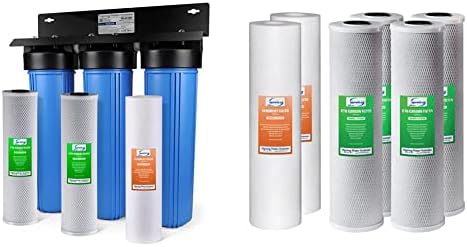 iSpring WGB32B 3-Stage Whole House Water Filtration System w/ 20-Inch Sediment and Carbon Block Filters & F6WGB32B 4.5” x 20” 3-Stage Whole House Water Filter Replacement Pack, 2 Count by iSpring