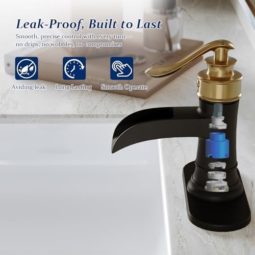 BWE Solid Bass Waterfall Bathroom Sink Faucet, Black & Gold for Farmhouse - Image 4