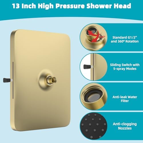 Hibbent 5 Spray Modes Shower Head, 13'' High Pressure Rain Shower Head, Large Rainfall Showerhead for Bathroom, High Flow Waterfall Fixed Showerheads with Adjustable Swivel Ball Joint, Brushed Gold - Image 5