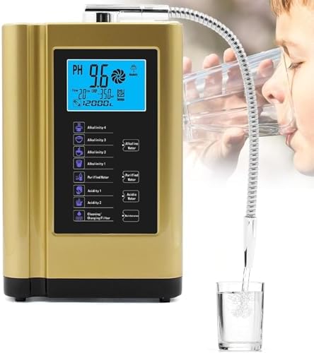 Alkaline Water Ionizer Machine with pH 3.5-10.5 and up to -500mV ORP, 8000 Liters Per Filter, Self-Cleaning Function and 5 Titanium Plates for Home Use - 7 Water Modes & LCD Touchscreen,Gold by Unknown
