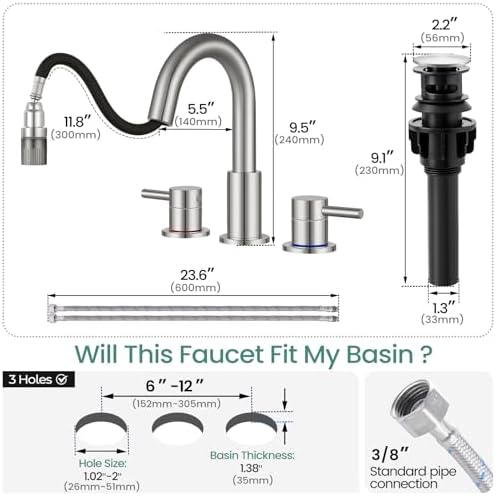 Bathroom Sink Faucet 3 Hole with Pull Down Sprayer, Brushed Nickel - Image 7