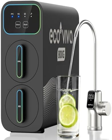 Ecoviva E8 800 GPD Reverse Osmosis Water Filter, 9-Stage Filtration RO System, Undersink Water Purifier, Reduces TDS, 2.5:1 Pure to Drain, Tankless, LED Smart Faucet by Ecoviva