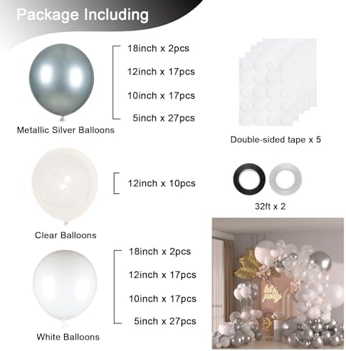 136pcs White and Silver Balloons Garland Arch Kit With Clear Balloons - Image 2