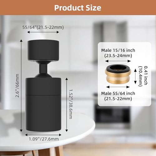 Hibbent Faucet Aerator, 360 Degree Kitchen Sink Faucet Aerator, Dual-function Swivel Big Angle Kitchen Faucet Attachment, Faucet Replacement Part, Matte Black - Image 5