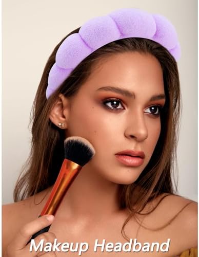 VELSCRUN 6 Pack Spa Headband, Makeup Headband, Face Wash Headbands, Skincare Headbands, Multicolour Purple Sponge Hair Band Bow Tie Spa Head Band for Washing Face Wristband Set Women Hair Accessories - Image 3