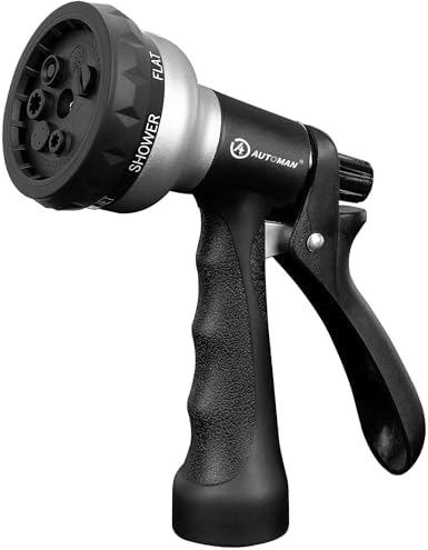 AUTOMAN-Garden-Hose-Nozzle, ABS Water Spray Nozzle, 7 Adjustable Watering Patterns, Slip Resistant for Watering Plants, Lawn& Garden, Washing Cars, Cleaning, Showering Pets & Outdoor Fun.Silver Color by AUTOMAN