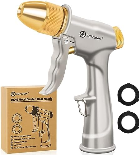 AUTOMAN Garden Hose Nozzle Sprayer - High Pressure 100% Metal Water Spray Nozzle With 4 Patterns - Heavy Duty for Watering Plants, Lawns, Washing Cars & Pets by AUTOMAN