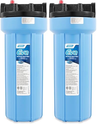 Camco Evo RV Water Filter Features Granulated Activated Carbon for Bacteria Control & a Replaceable Premium Spun Polypropylene Filter Cartridge Camper for Clean Drinking Water (40631) (Pack of 2) by Camco