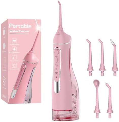 Cordless Portable Water Flosser with 300ML Tank: Rechargeable Oral Irrigator with 5 Tips for Travel, Braces Care and Sensitive Gums, IPX7 Waterproof Teeth Cleaning Device(Pink) by Unknown