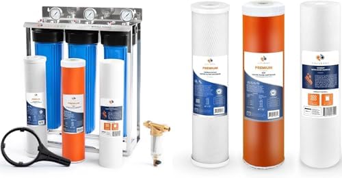 Aquaboon 3-Stage Whole House Water Filter System with 5 Micron 20x4.5 Reducing Sediment and KDF Heavy Metals Water Filter Purification Cartrige with Replacement Set by Aquaboon